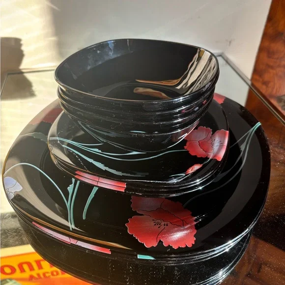 Vintage Arcoroc France black glass poppy print Floral Dinnerware